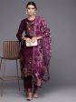 Women Wine Embroidered Straight Kurta Trousers With Dupatta Set - Taantav Fashion