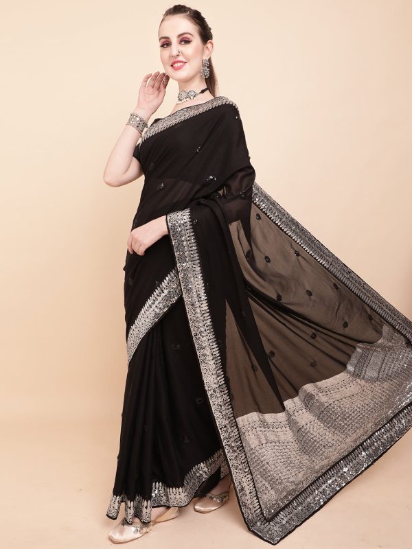 Sangria Black & Silver-Toned Embellished Sequinned Pure Georgette Saree For Cheap