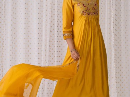 Women Yellow Embroidered A-Line Kurta Palazzos With Dupatta Set - Taantav Supply