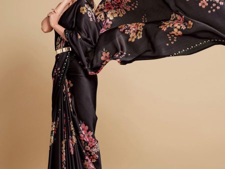 Sangria Black & Burgundy Floral Zari Satin Saree Fashion