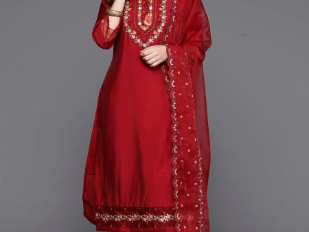 Women Red Embroidered A-Line Kurta Trousers With Dupatta Set - Taantav Online now