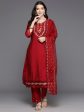 Women Red Embroidered A-Line Kurta Trousers With Dupatta Set - Taantav Online now