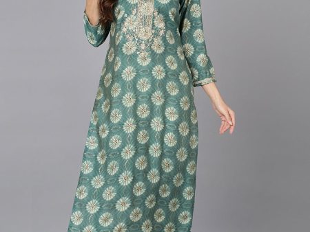 Ahika Green Silk Blend Straight Kurtas Sale