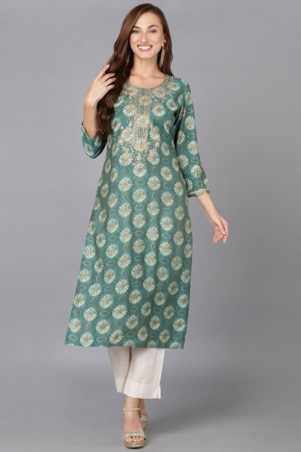 Ahika Green Silk Blend Straight Kurtas Sale