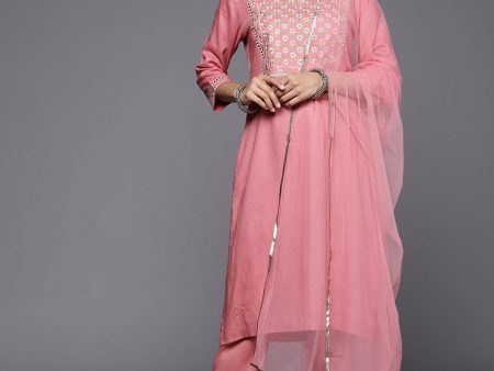 Biba Embroidered Yoke design Straight Kurta with Trousers & Net Dupatta on Sale