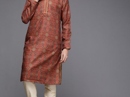 Manyavar Men Rust Red Ethnic Motifs Woven Design Kurta with Churidar Online