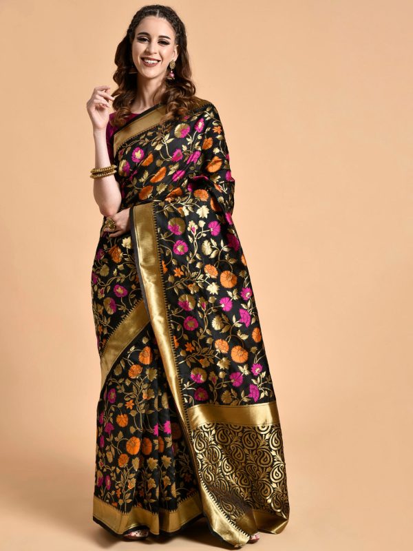 Sangria Black & Pink Floral Zari Silk Blend Banarasi Saree Online Hot Sale