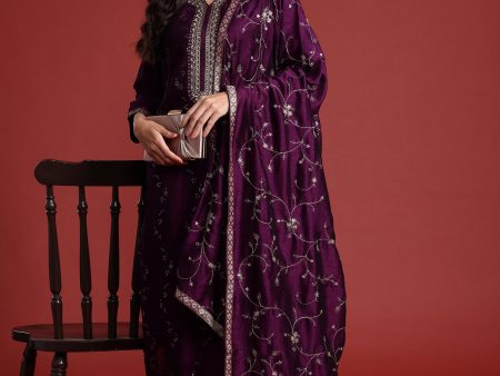 Women Purple Embroidered Straight Kurta Trousers With Dupatta Set - Taantav on Sale