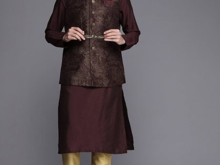 Manyavar Men Burgundy Kurta & Pyjama with Nehru Jacket For Cheap