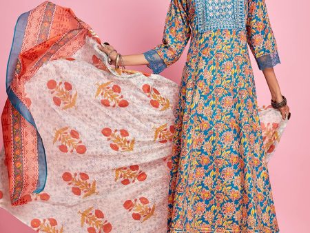 Sangria Blue Floral Printed Thread Work A-Line Kurta & Trouser With Dupatta Online