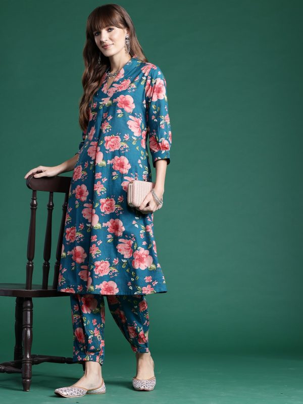 Women Teal Printed A-Line Kurta Trousers Set - Taantav Online now