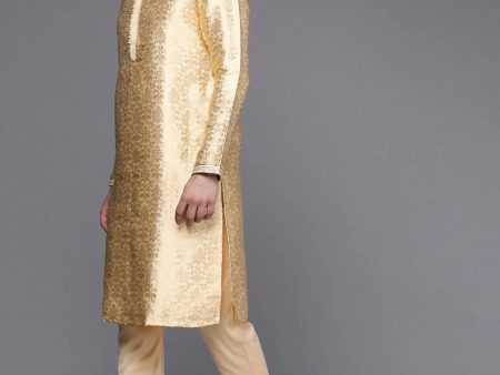 Manyavar Men Beige Ethnic Motifs Woven Design Kurta with Churidar Online Hot Sale