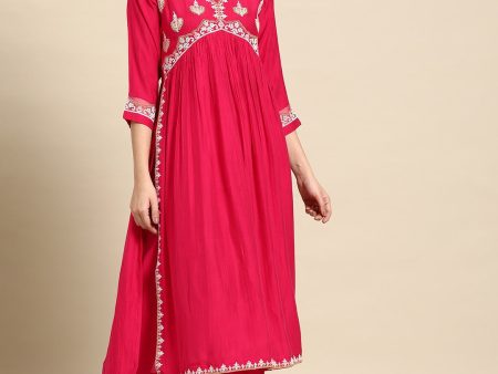 Sangria Ethnic Motifs Embroidered High Slit Thread Work Kurta With Trousers Online Sale