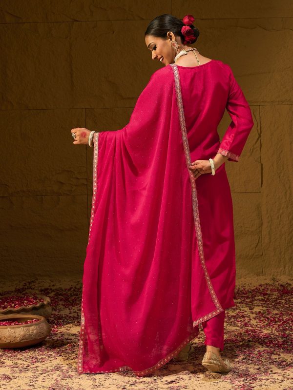 Women Magenta Embroidered Straight Kurta Trousers With Dupatta Set - Taantav Sale