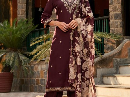 Women Burgundy Embroidered Straight Kurta Salwar With Dupatta Set - Taantav Online Hot Sale