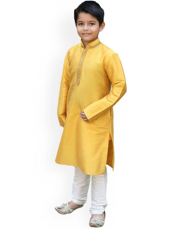 Manyavar Boys Mustard Yellow Solid Kurta Set For Discount