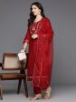 Women Red Embroidered A-Line Kurta Trousers With Dupatta Set - Taantav Online now