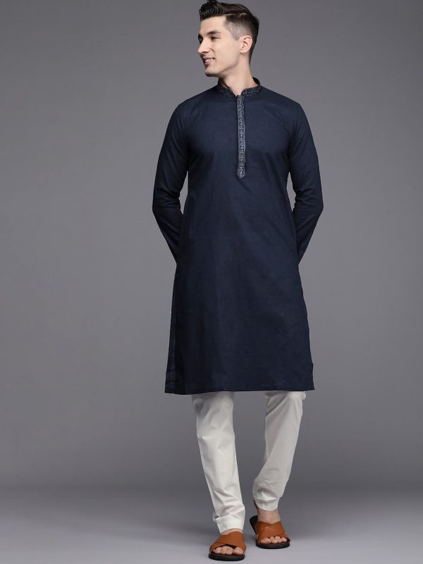 Manyavar Men Blue Solid Pure Cotton Kurta with Churidar Cheap