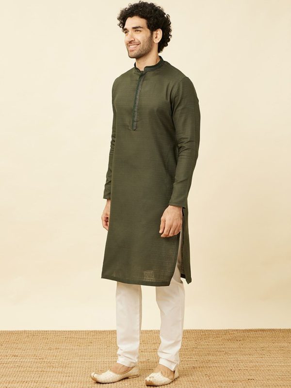 Manyavar Mandarin Collar Thread Work Pure Cotton Kurta & Pyjamas Cheap