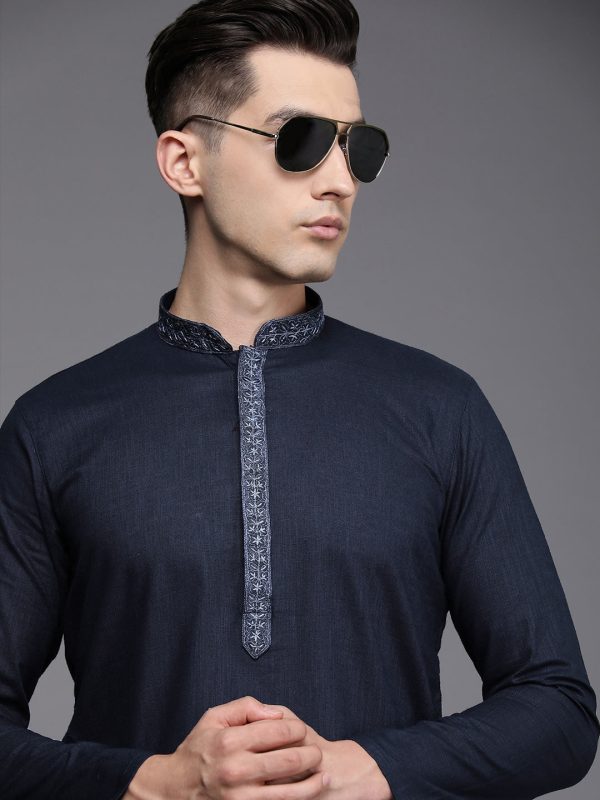 Manyavar Men Blue Solid Pure Cotton Kurta with Churidar Cheap