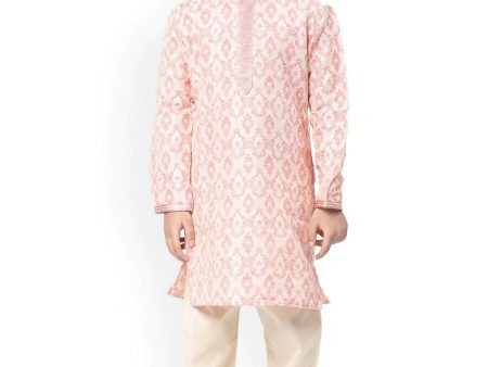 Manyavar Boys Coral & White Ethnic Motifs Angrakha Kurta with Pyjamas Cheap