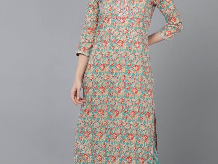 Ahika Beige Cotton Floral Printed Kurta Supply