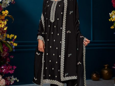 Women Black Straight Embroidered Kurta Trousers With Dupatta Set - Taantav Online Sale