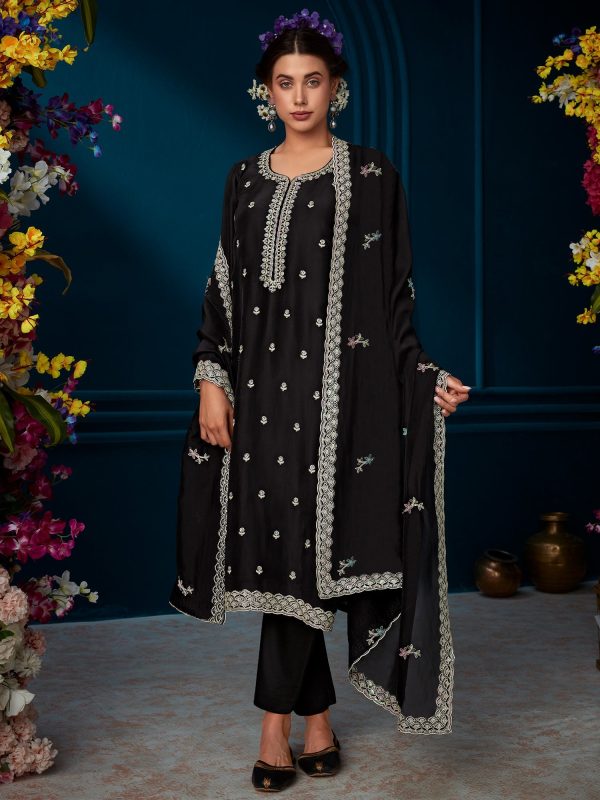 Women Black Straight Embroidered Kurta Trousers With Dupatta Set - Taantav Online Sale