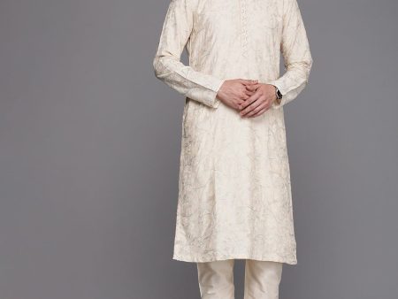 Manyavar Men Cream-Coloured Ethnic Motifs Printed Thread Work Kurta with Churidar Online Sale