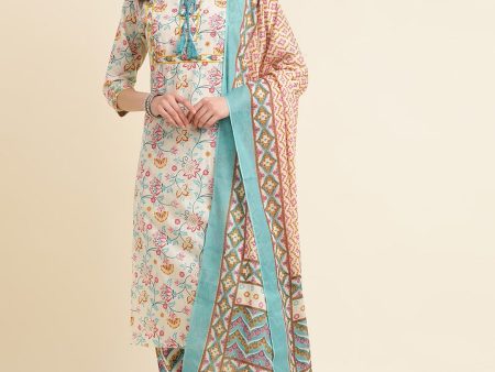 Sangria Beige & Blue Floral Printed Pure Cotton Kurta & Trouser With Dupatta Cheap