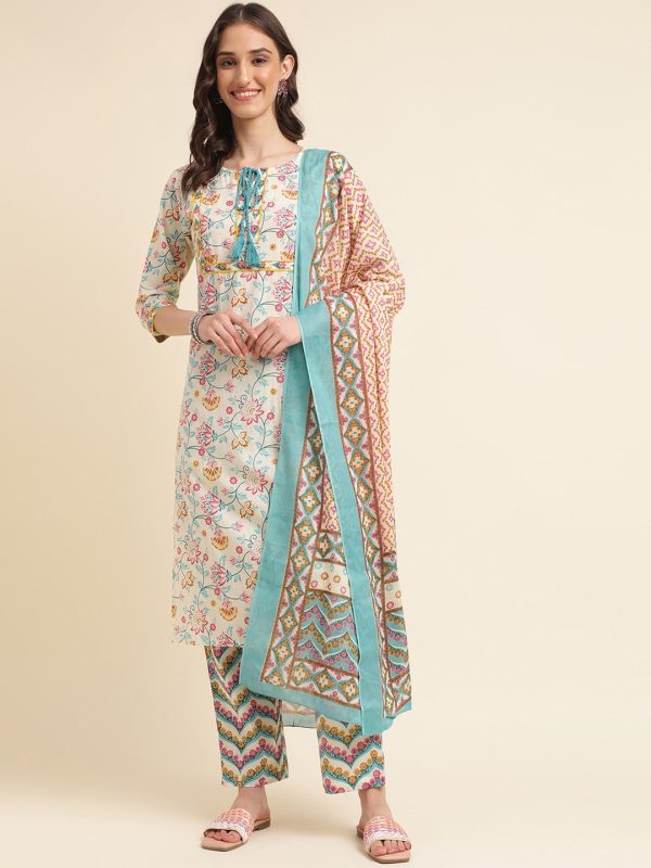 Sangria Beige & Blue Floral Printed Pure Cotton Kurta & Trouser With Dupatta Cheap