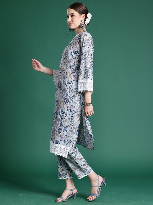 Women Blue Printed Straight Kurta Trousers Set - Taantav Supply