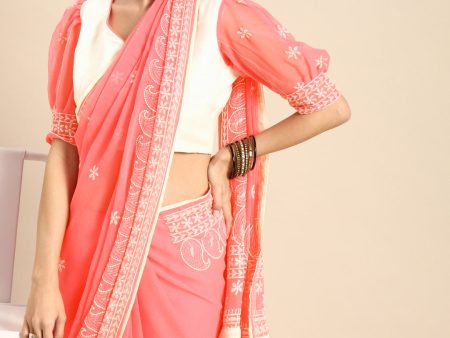 Sangria Pink Chikankari Embroidered Pure Georgette Saree Online Sale