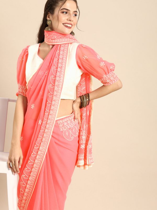 Sangria Pink Chikankari Embroidered Pure Georgette Saree Online Sale