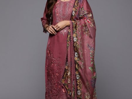 Women Mauve Embroidered Straight Kurta Trousers With Dupatta Set - Taantav Hot on Sale