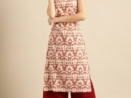 Sangria Women White & Rust Red Printed Cotton Kurta on Sale