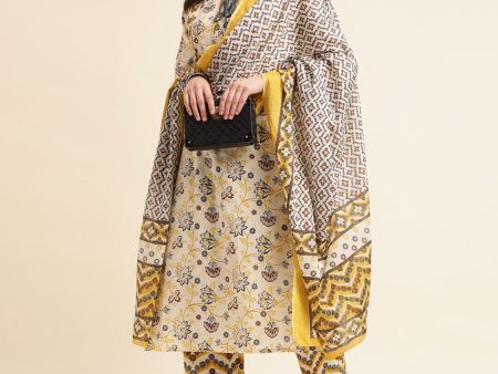 Sangria Beige Floral Printed Mirror Work Pure Cotton Kurta With Trousers & Dupatta For Discount