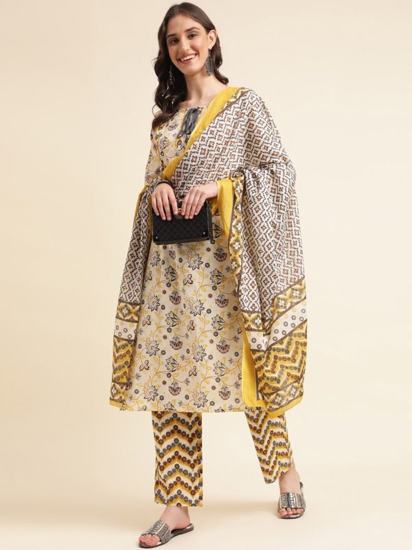 Sangria Beige Floral Printed Mirror Work Pure Cotton Kurta With Trousers & Dupatta For Discount