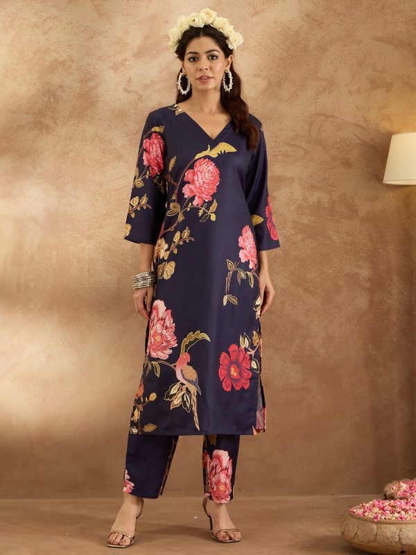 Women Navy Blue Printed Straight Kurta Trousers Set - Taantav Online