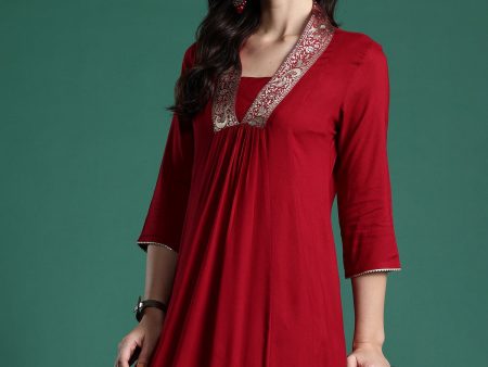 Women Maroon Woven Design A-Line Kurta Trousers Set - Taantav Supply