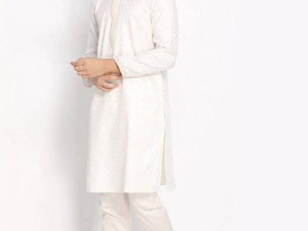 Manyavar Men White Woven Design Kurta with Pyjamas For Discount