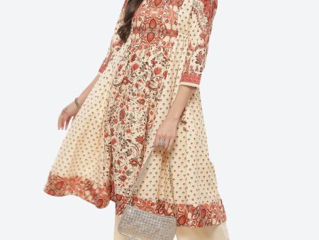 Biba Cream-Coloured Ethnic Motifs Printed Pure Cotton Kurta with Trousers Sale