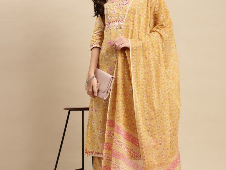 Sangria Yellow & Pink Floral Printed Pure-Cotton Straight Kurta With Trouser & Dupatta Online now