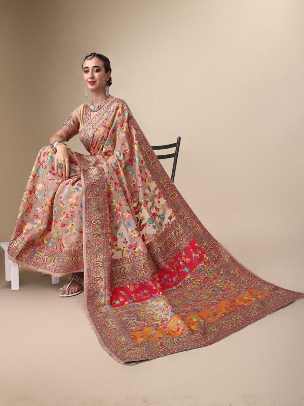 Sangria Beige & Orange Floral Woven Design Pure Silk Saree Online