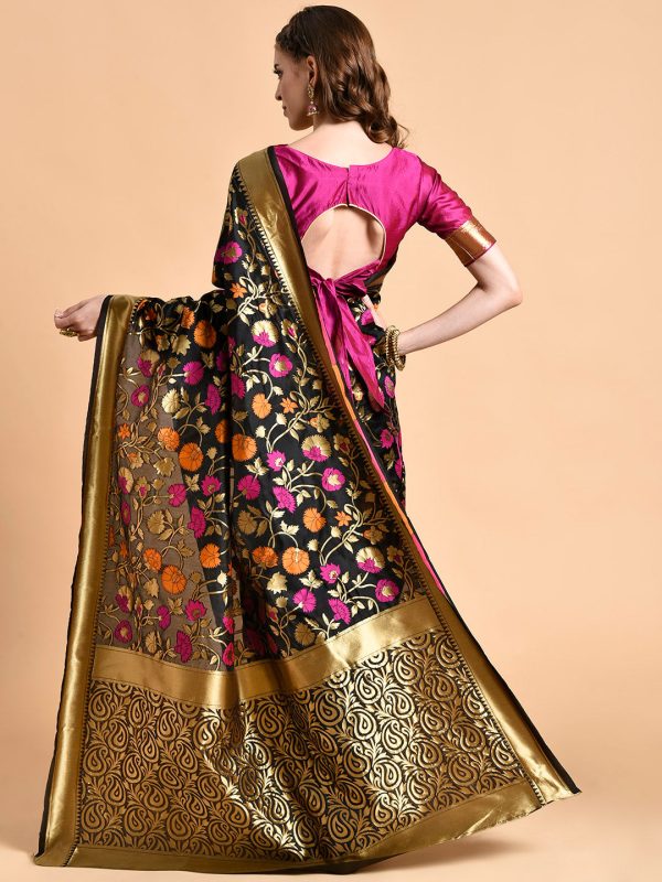 Sangria Black & Pink Floral Zari Silk Blend Banarasi Saree Online Hot Sale