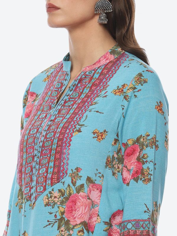 Biba Band Collar Floral Printed A-line Kurta With Palazzos Sale