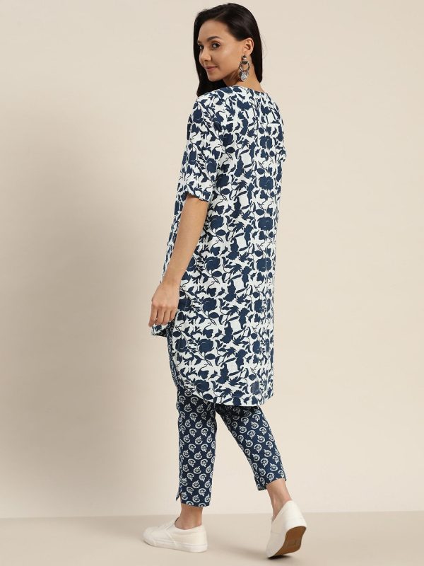 Sangria Women White & Navy Blue Printed Kurta with Trousers Supply