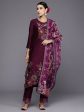 Women Wine Embroidered Straight Kurta Trousers With Dupatta Set - Taantav Fashion