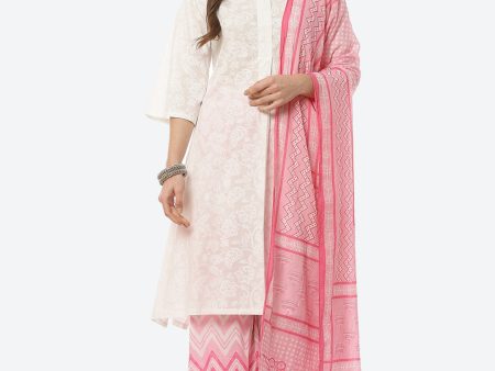 Biba Women White Ethnic Motifs Panelled Pure Cotton Kurta with Palazzos & With Dupatta Online now