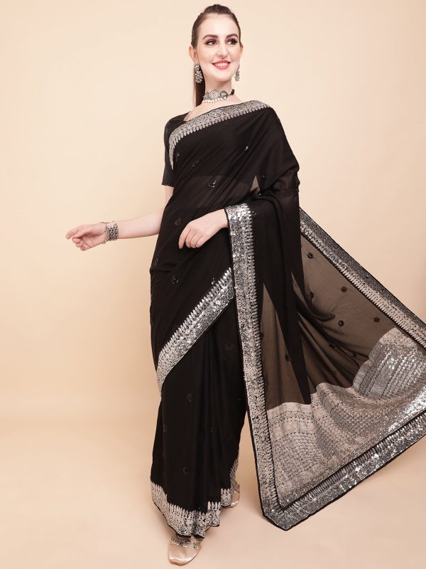 Sangria Black & Silver-Toned Embellished Sequinned Pure Georgette Saree For Cheap